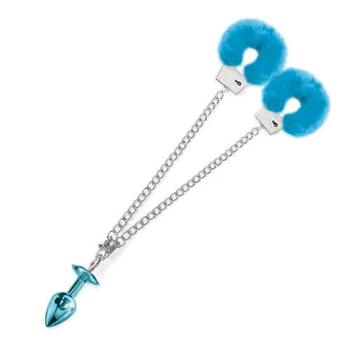 Global Novelties Anal Nixie Metal Plug and Furry Cuff Set Blue Detachable and Locking Handcuffs