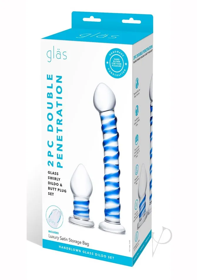 Dildos Glas Swirly Dildo and Buttplug Set Clearblue